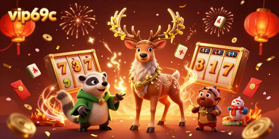 Experience the excitement of vip69c with a vibrant 3D illustration celebrating slot games and festivities.