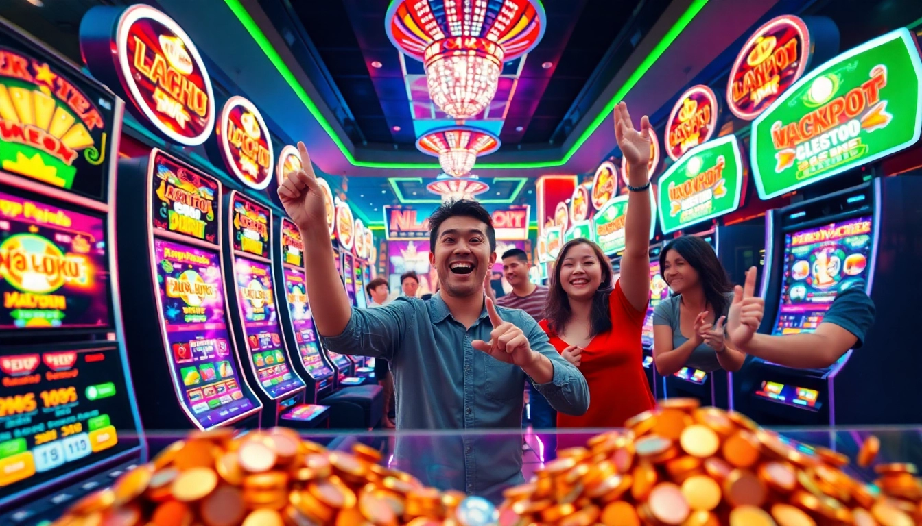 Nổ Hũ game scene with vibrant slot machines, players celebrating wins, and colorful lights in a dynamic casino environment.