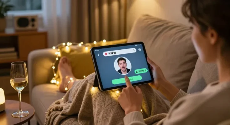 Engaging with a playful NSFW chat bot in a cozy home setting, showcasing a tablet and warm lighting.