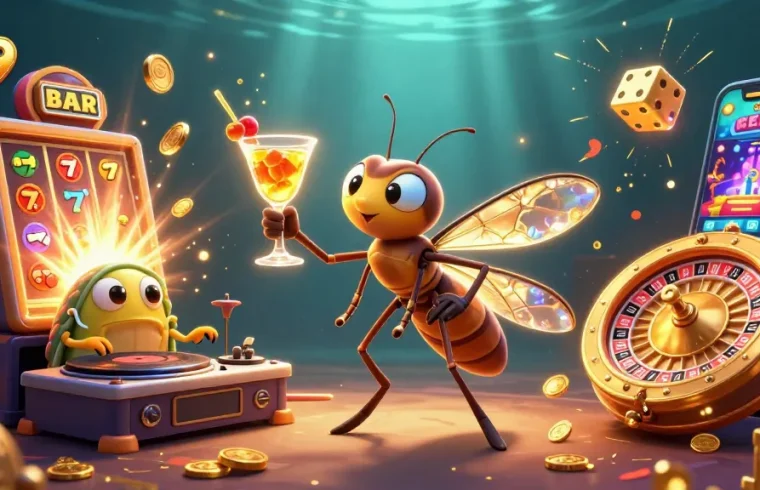 Join the fun at ok9 with a lively casino scene featuring unique characters and exciting game elements.