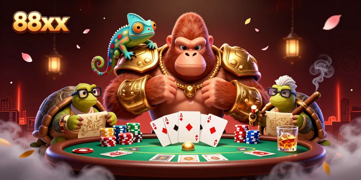 Experience the excitement of 88xx casino with a gorilla king and friends at a poker table.