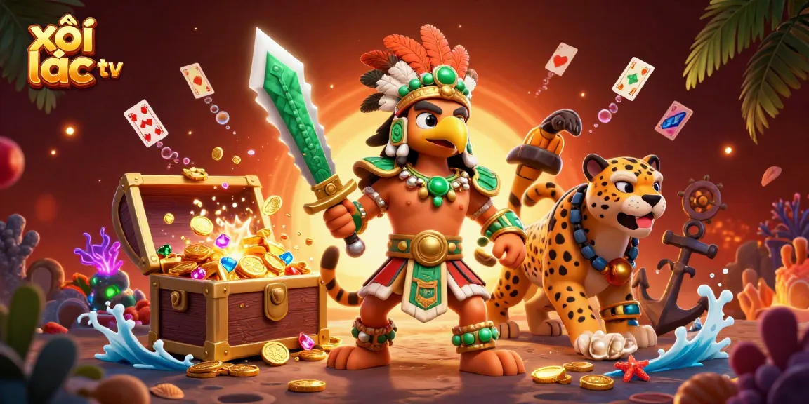 Xôi lạc tv showcases vibrant casino scene with Aztec warrior and treasure, enhancing your gaming experience.