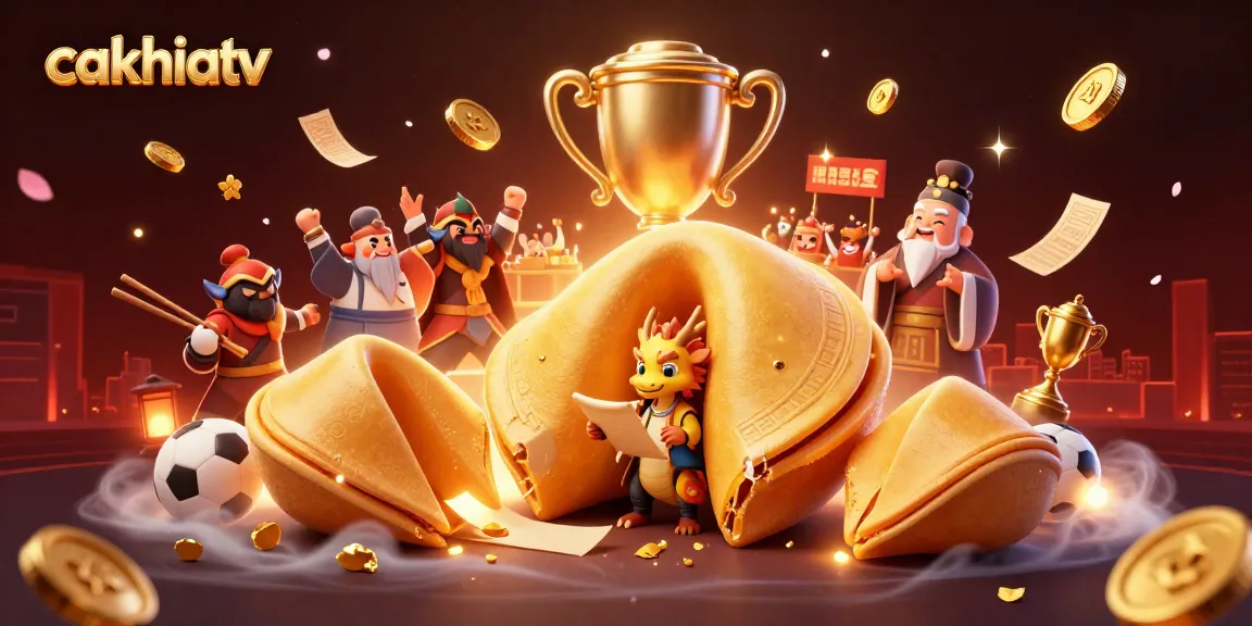 Cakhiatv showcases a vibrant scene of a golden fortune cookie and dragon amidst a gambling atmosphere filled with trophies and sports betting elements.