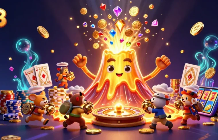 Experience thrilling wins at o8 with a golden volcano erupting treasure in this exciting casino scene.