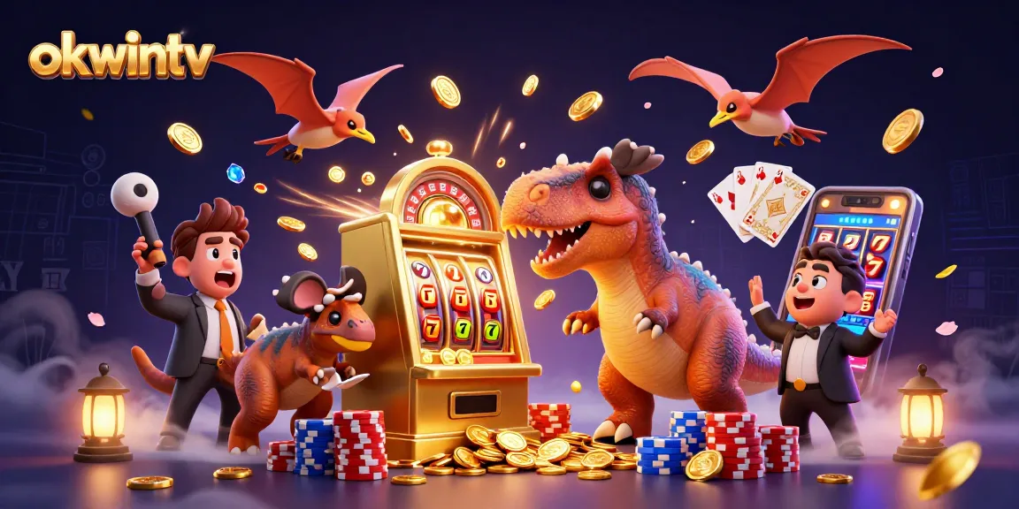 Experience the excitement of okwintv with a thrilling casino scene featuring dinosaurs and jackpots.