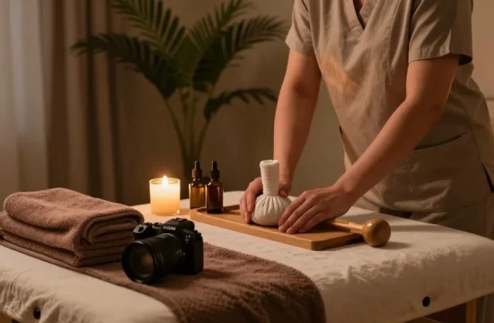 Enjoying a premium 용인출장마사지 in a calming home environment, with therapeutic setup for ultimate relaxation.