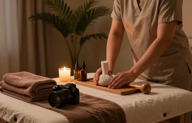 Enjoying a premium 용인출장마사지 in a calming home environment, with therapeutic setup for ultimate relaxation.