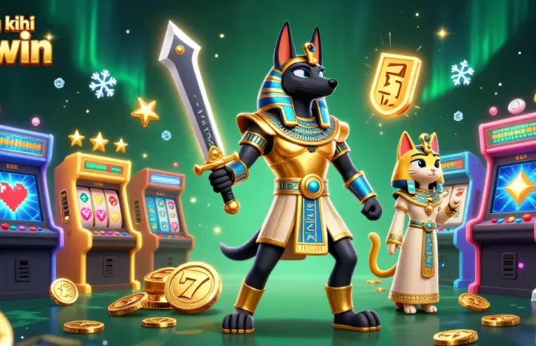 Engage in excitement with đăng ký 33win as Anubis and Bastet navigate a vibrant casino scene filled with slot machines.